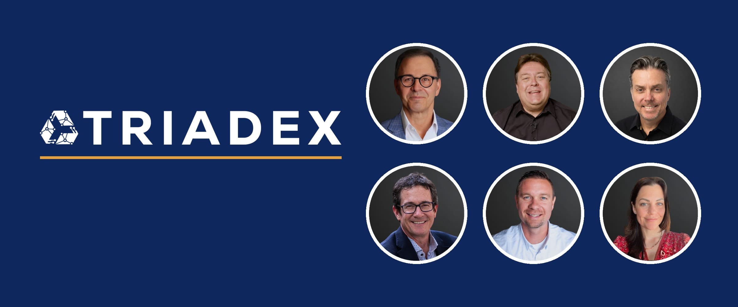 Triadex logo beside portraits of the six members of the Triadex leadership team